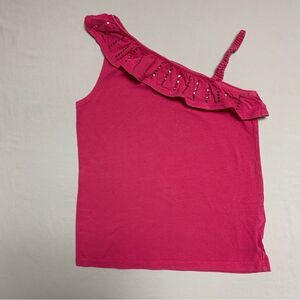 Pink Sequin Tank Top One Shoulder Girl’s 6 Ruffle Fuchsia Fall School Play Fun